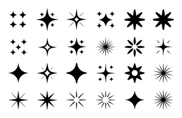 Collection of Black Starburst and Sparkle Icons on White Background