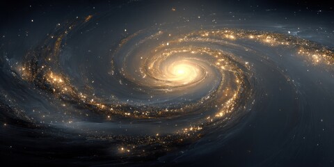 Fototapeta premium A stunning, digitally rendered image showcases a vibrant spiral galaxy, dominating the frame with its brilliant core and swirling arms. The galaxy?s center glows with intense golden light, 