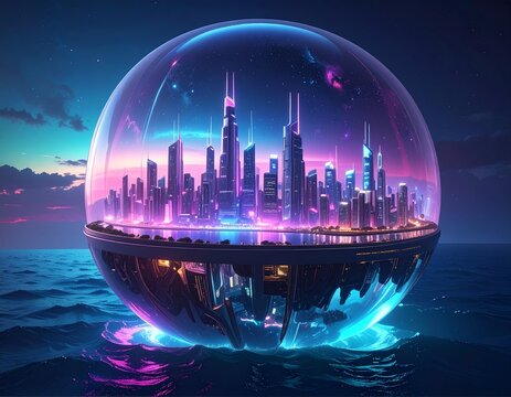 Futuristic City Skyline in a Glowing Glass Sphere on Water.