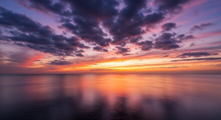 Sunset over water with dramatic sky