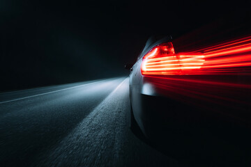 Obraz premium Car taillight glowing on dark road speed motion blur night drive illuminated highway dynamic moody fast transportation