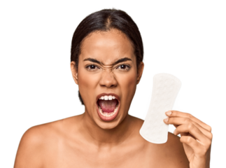 Filipino woman with sanitary pad in studio screaming very angry and aggressive.