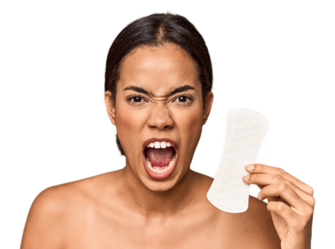 Filipino woman with sanitary pad in studio screaming very angry and aggressive.
