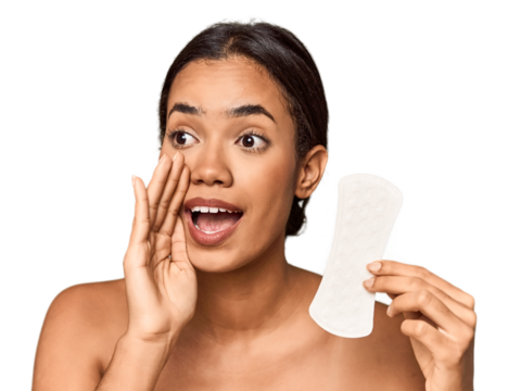 Filipino woman with sanitary pad in studio shouting and holding palm near opened mouth.