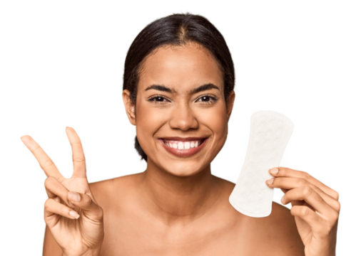 Filipino woman with sanitary pad in studio showing number two with fingers.