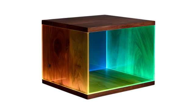 Illuminated wooden cube, isolated on transparent background