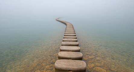 Stepping Stones Path Across Tranquil Lake, Leading into Fog, Minimalistic Scenery