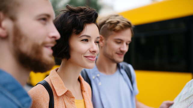 Group of friends, young adults, smiling, standing outdoors near yellow bus, enjoying travel and friendship together