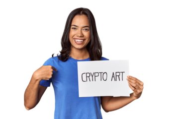 Woman with "crypto art" sign in studio person pointing by hand to a shirt copy space, proud and confident