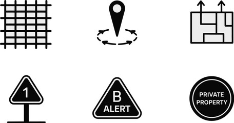 A collection of six black and white icons including a grid, map marker, and private property sign