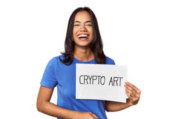 Woman with "crypto art" sign in studio laughing and having fun.