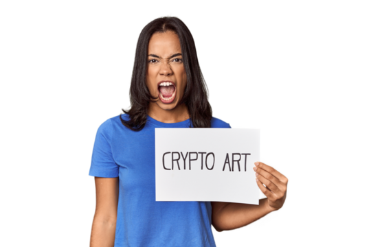 Woman with "crypto art" sign in studio screaming very angry and aggressive.