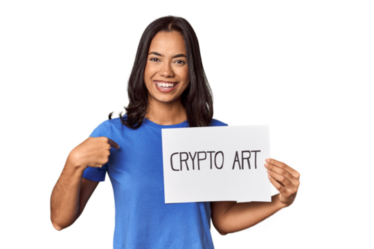 Woman with "crypto art" sign in studio person pointing by hand to a shirt copy space, proud and confident