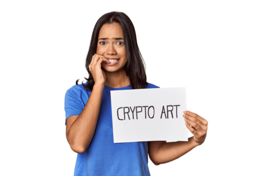 Woman with "crypto art" sign in studio biting fingernails, nervous and very anxious.