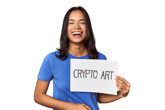 Woman with "crypto art" sign in studio laughing and having fun.