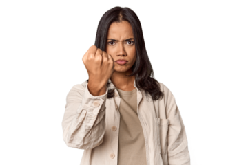 Portrait of a young Filipino woman showing fist to camera, aggressive facial expression.