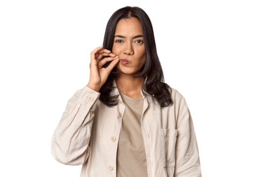 Portrait of a young Filipino woman with fingers on lips keeping a secret. - Powered by Adobe