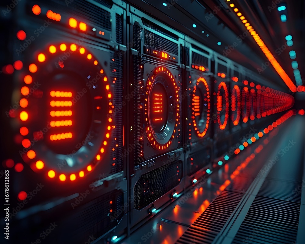 Poster a long hallway within a futuristic data center features glowing red and orange server lights creatin
