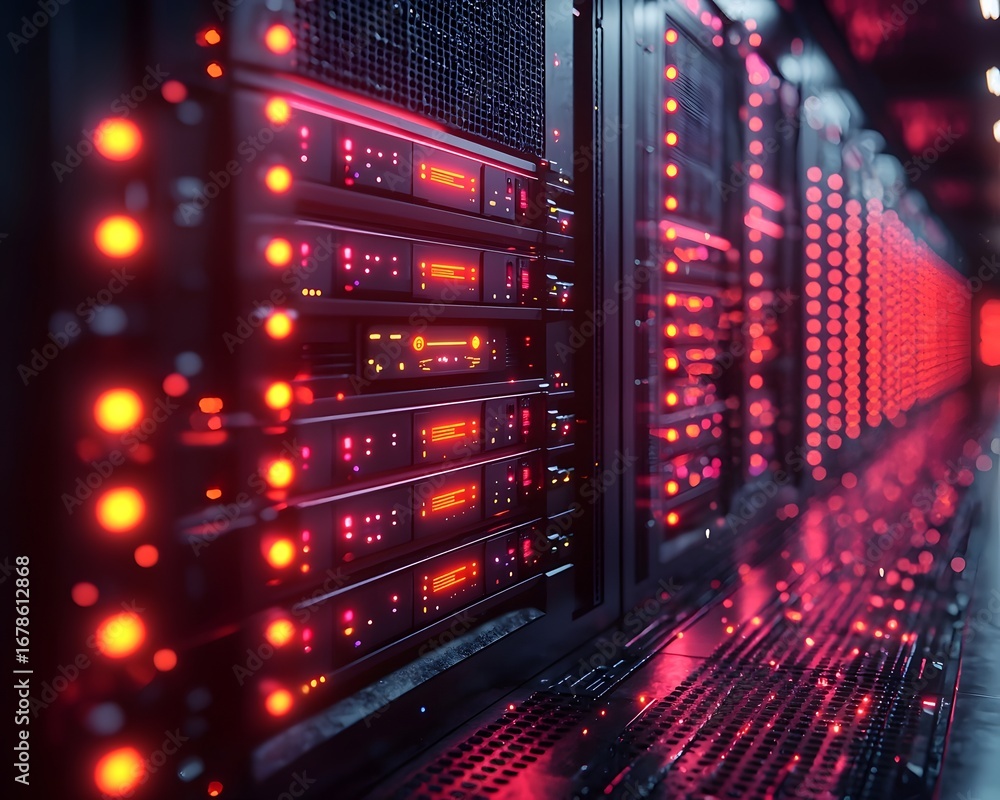 Aufkleber rows of glowing red server racks dominate a high tech data center illustrating modern computing infr