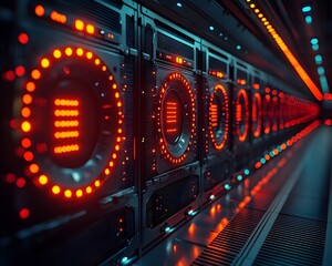 A long hallway within a futuristic data center features glowing red and orange server lights creating a high tech and digitally advanced atmosphere