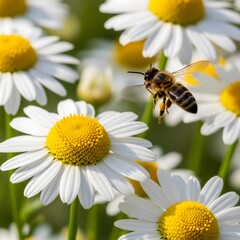 Obraz premium A busy bee collects nectar from a field of bright white daisies on a sunny day