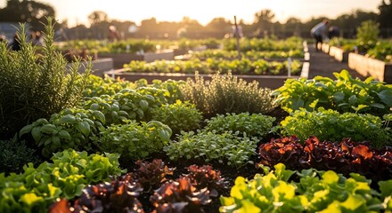 Lush organic vegetable garden with raised beds at sunset.