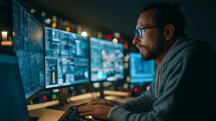 Security analyst computer monitor firewall log cybersecurity technology night focused office reviewing firewall logs for threats