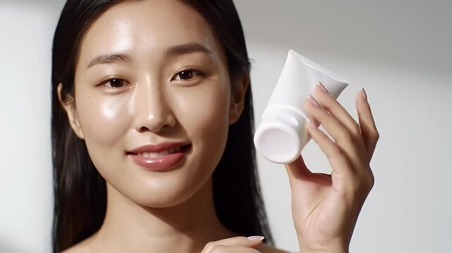 Attractive Asian Woman Presenting Blank White Skincare Tube for Skin Hydration and Beauty Routine in Close up Potrait with Radiant Dewy Skin against Bright Background