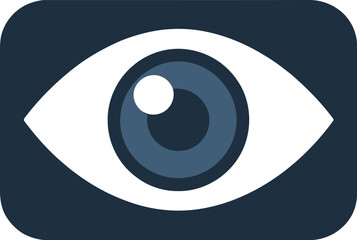 A stylized eye icon with a white sclera, dark blue iris, and a white pupil on a rounded blue background