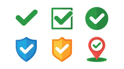 A collection of six different check mark icons in various shapes and colors on a white background