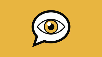 A stylized eye icon within a speech bubble on a yellow background with a black outline design