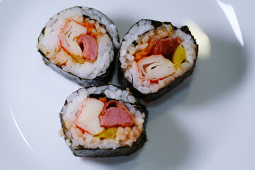 Close up of Korean famous snack called kimbap. 