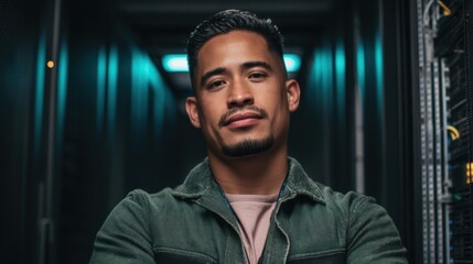 Obraz premium A confident young man with a tongue piercing and facial hair stands in a server room,