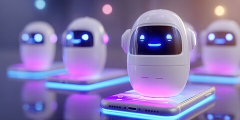 A futuristic scene showcases a group of three white, spherical robots standing on illuminated charging platforms. Each robot has a glowing blue LED eye and a small, 