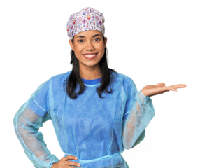 Young Filipina surgeon showing a copy space on a palm and holding another hand on waist.