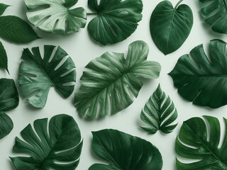 Fototapeta premium Tropical Monstera Leaves Arrangement on Pale Background, Minimalist Aesthetic.