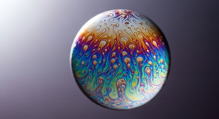 Colorful Soap Bubble with Swirling Patterns on Gray Background
