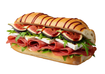 Gourmet prosciutto, fig, brie, arugula sandwich on golden baguette with balsamic glaze, isolated on transparent, soft studio lighting, bokeh, macro. Concept of culinary excellence