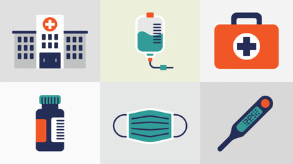 A collage of medical icons featuring a hospital, iv bag, first aid kit, pills, mask, and thermometer