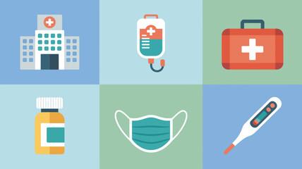 Illustration of hospital building, iv bag, first aid kit, medicine bottle, mask, and thermometer