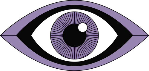 A stylized eye illustration with a purple iris and black pupil on a white background design element