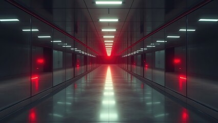 Fototapeta premium Infinite mirror corridor with ominous red warning lights flashing at the vanishing point.