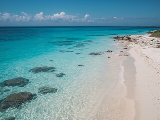Fototapeta premium Turquoise Dreamscape. A Tranquil Beach Scene with Crystalline Waters and Rocky Shore.