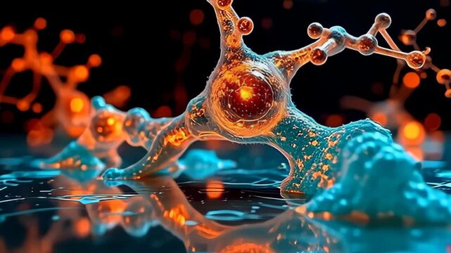 With a dynamic twist, a pulsing electric molecule shaped like neuron web glimmers in vibrant orange and turquoise, its tendrils stretching and retracting rhythmically, casting intricate