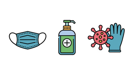 Illustration showcasing a face mask, hand sanitizer, virus cell, and protective glove on white background
