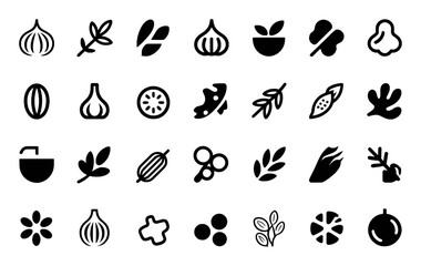 Collection of Food and Plant Icons: Garlic, Herbs, Vegetables, and Fruits