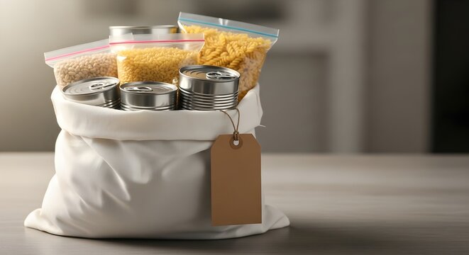 White donation bag filled with non perishable food items.