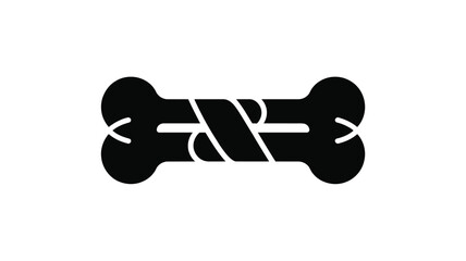 A black and white illustration of a dog bone with a rope tied in the middle of the bone shape design