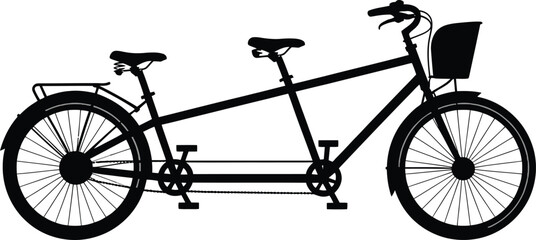 A black silhouette of a tandem bicycle with a basket attached to the front and two seats visible
