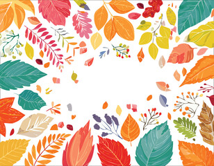Obraz premium Autumn abstract colorful Background. Fall season and Thanksgiving theme. Editable vector templates with leaves and geometric pattern. Nature elements for poster, banner, cover, card, Sale, advertising